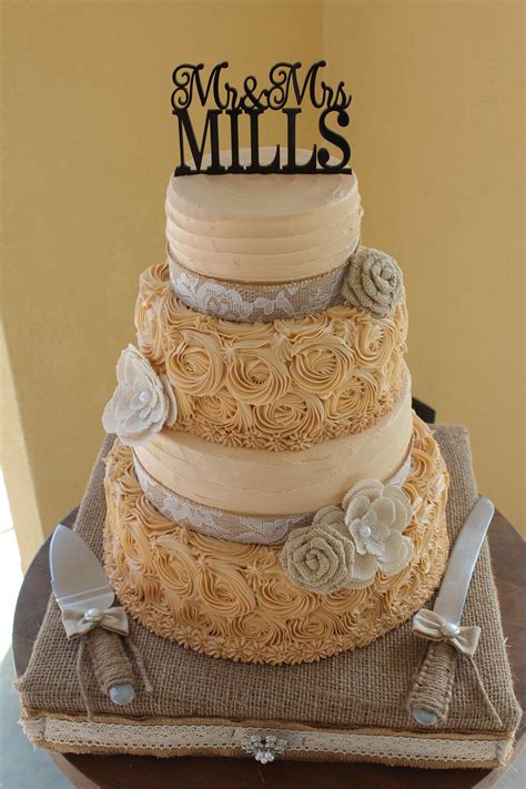 Rosette Wedding Cake With Burlap Ribbon And Flowers Cake Rosette