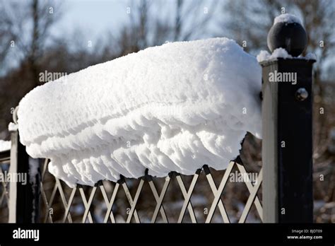 Lump Of Snow On Fence Stock Photo Alamy