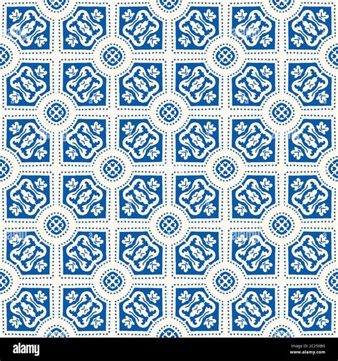Portuguese Vector Tile Azulejo Pattern Seamless Lisbon Blue On White