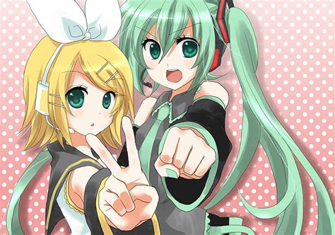 720p Free Download ~rin And Hatsune~ Vocaloid Peace Sign Hatsune