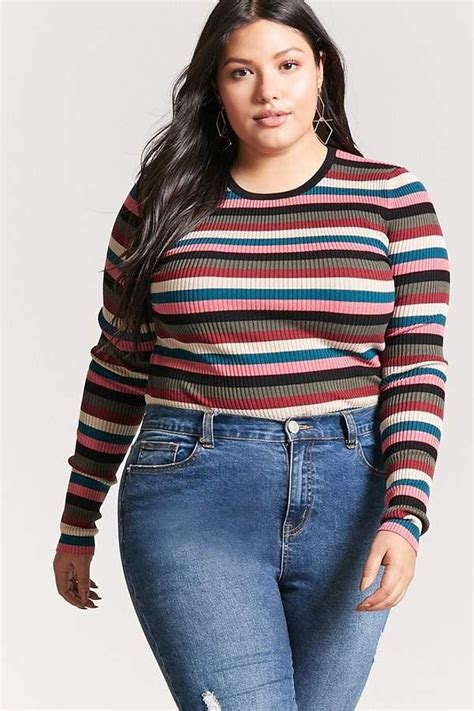 Forever 21 Plus Size Ribbed Stripe Sweater Knit Top Plus Size Womens
