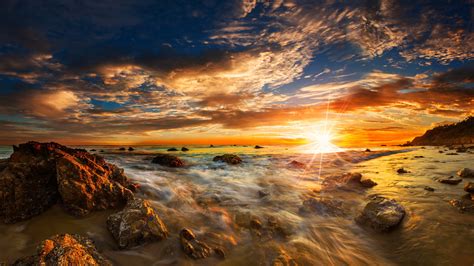 Wallpaper Usa Malibu Matador State Beach Sea Stones Clouds Sunset