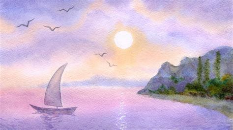 Watercolor Sail Wallpaper Island Sail Boat Lavender Pink Sunset