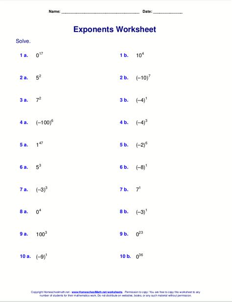 Negative Exponents Worksheet Grade 10