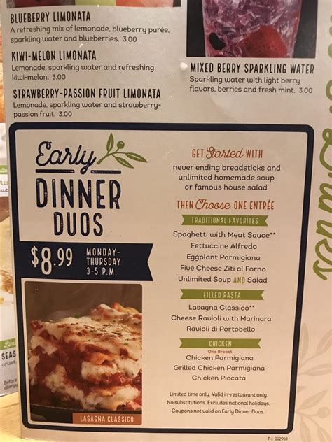 Olive garden restaurants offer many kinds of foods, such as appetizers, classic entrees, soups, salad & breadsticks, pasta, deserts, beverages, etc. Early dinner duo options - Yelp