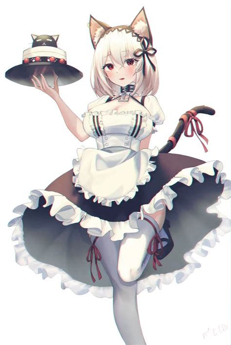 anime anime girls maid maid outfit cake cat girl cat ears cat tail tail red eyes blonde