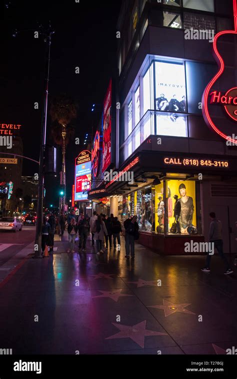 The Hollywood Walk Of Fame At Night Near Graumans Chinese Theatre