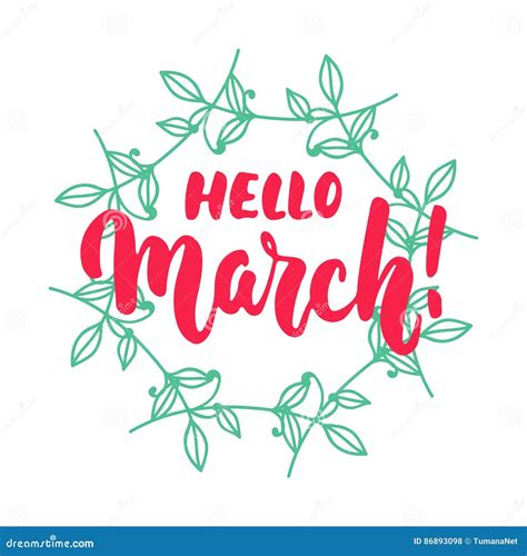 Hellomarch Hand Drawn Lettering Phrase For First Month Of Spring On