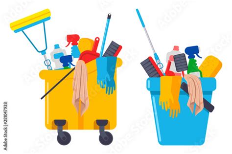 Cleaning Supplies And Equipments In Bucket Vector Cartoon Set Isolated