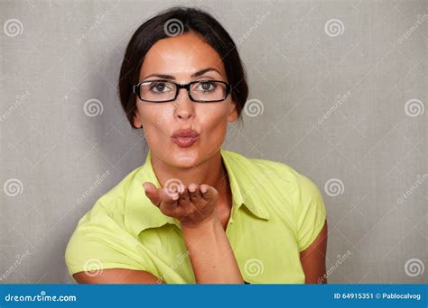 Beautiful Brunette Female Giving A Blow Kiss Stock Image Image Of Adult Back 64915351