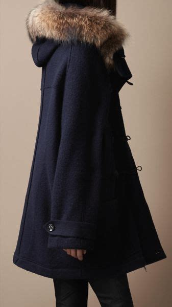 Burberry Brit Fur Trim Knitted Duffle Coat In Blue Navy Blue Lyst