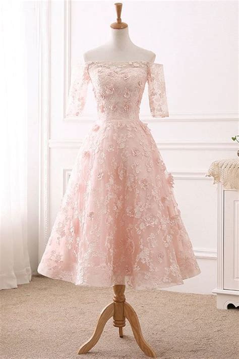 Pink Lace Sweet Off Shoulder Tea Length Party Dress With Sleeves Vp1185