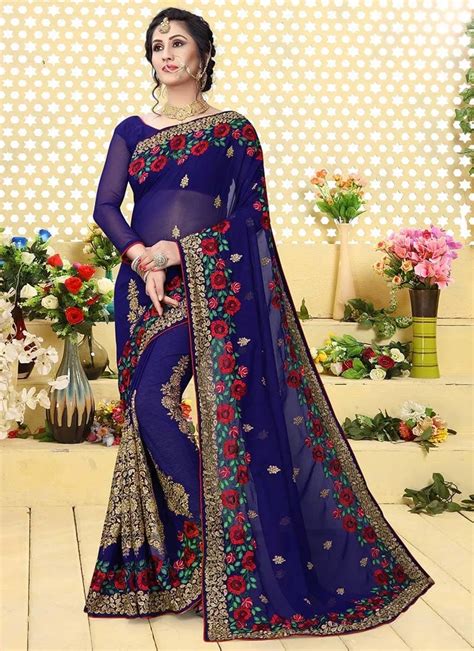 Buy Blue Embroidered Saree Party Wear Zari Embroidered Stones