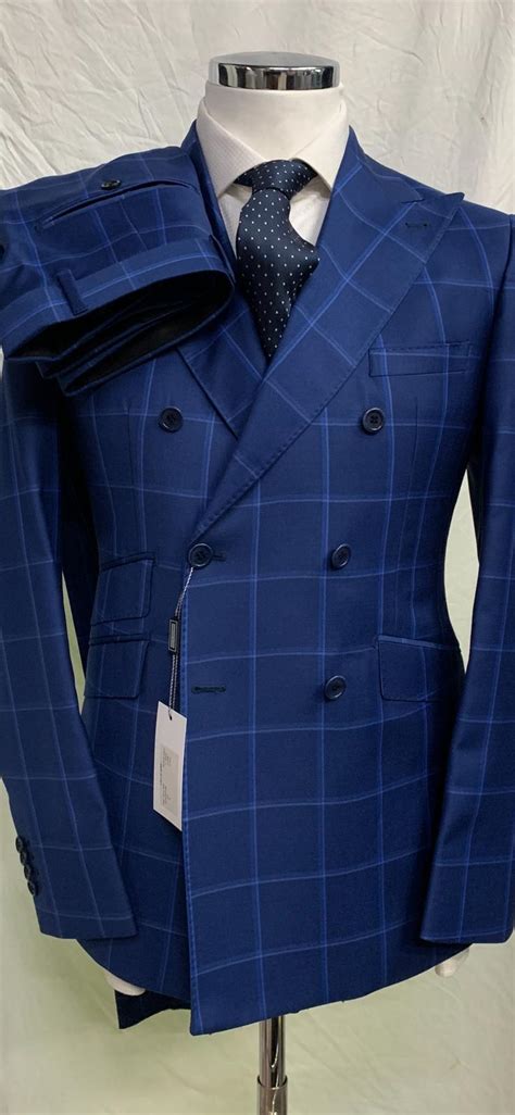 blue super 150 cerruti 1881 double breasted windowpane wool suit wide 5 peak lapel double