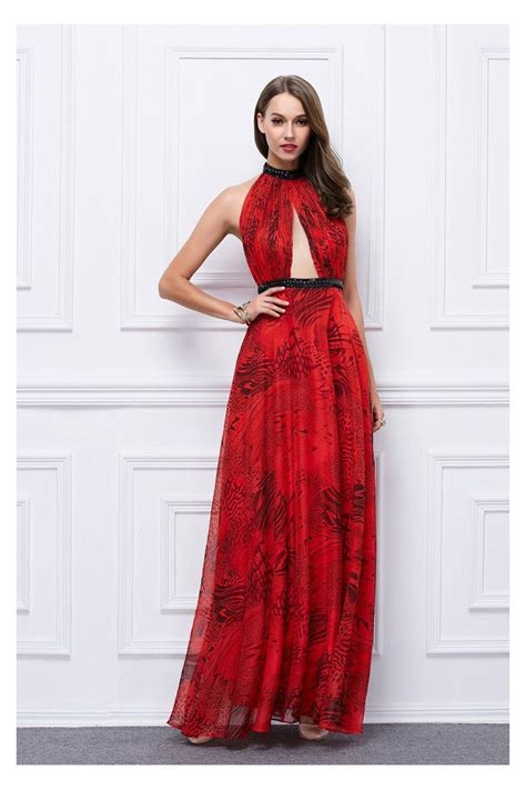 Red Printed Long Halter Open Back Prom Dress Ck Sheprom Com