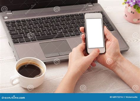 Hand Touching Touch Smart Phone On The Workplace Social Media Concept