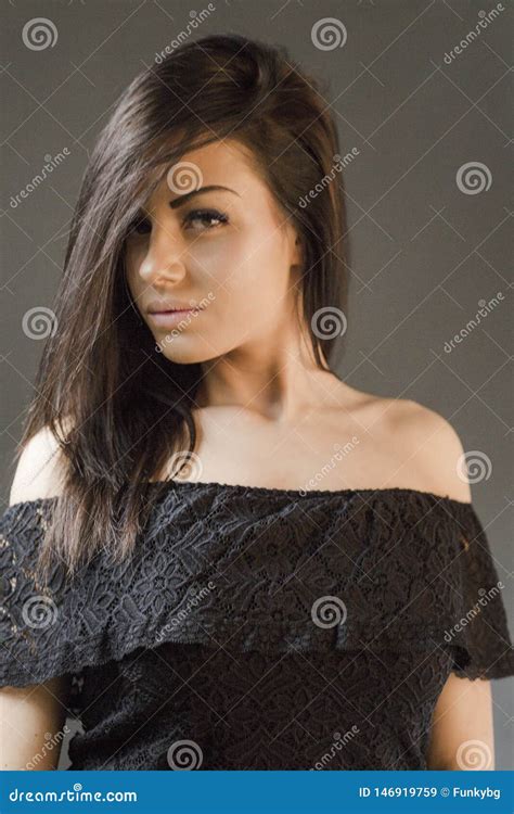 Sensual Attractive Caucasian Brunette Woman Posing Studio Stock Image