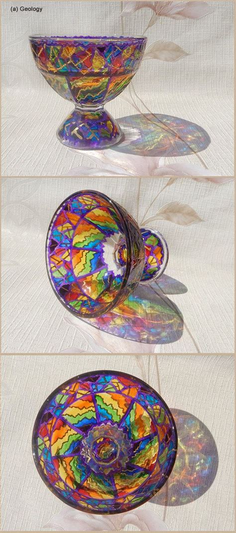 Glass Dessert Vase Hand Painted Pedestal Bowl Rainbow Mosaic Colorful Dinnerware Stained