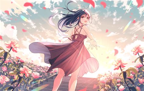Long Hair Smile Windy Artwork Komizuki Koh Rd Flowers Anime