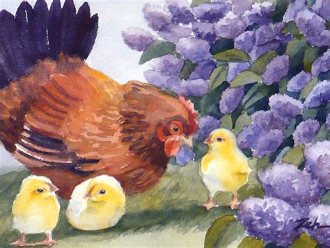 Hen And Chicks Chicken Art Painting By Janet Zeh