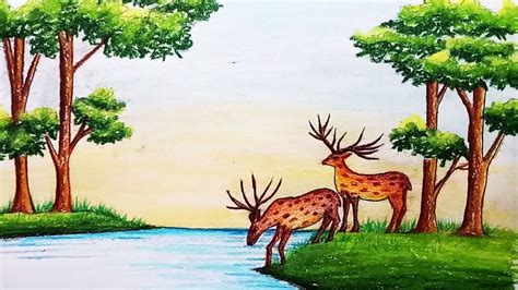 Deer Drinking Water In The Forest Easy Scenery Drawing With Oil