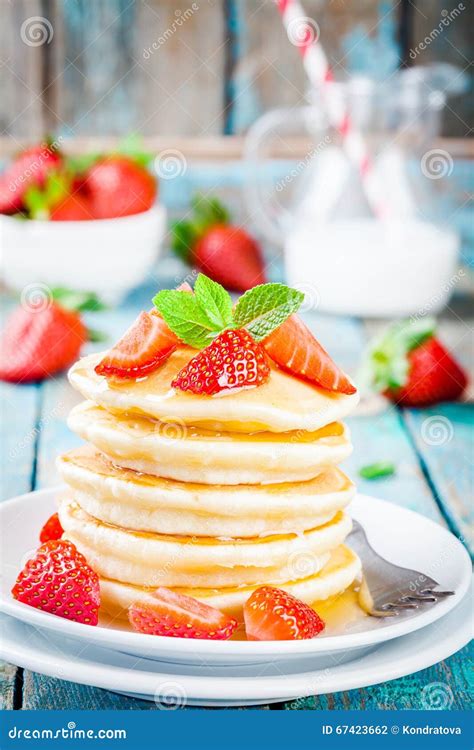 Homemade Pancakes With Honey And Strawberries Stock Photo Image Of