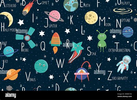 Space Alphabet Seamless Pattern For Children Cute Flat English Abc