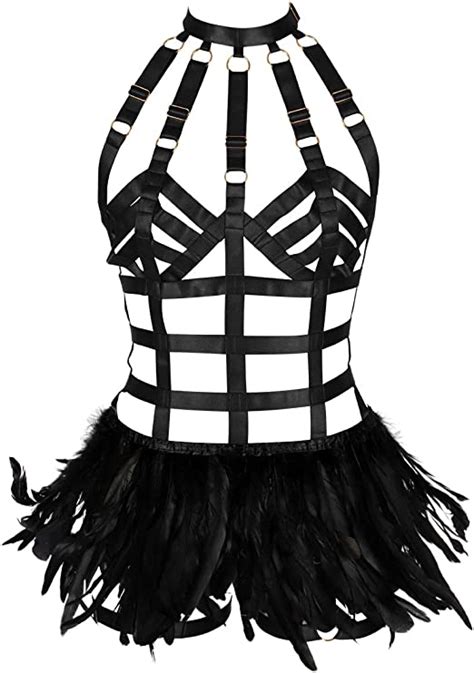 Feathers Epaulette Womens Full Body Harness Bra Cage Punk Gothic