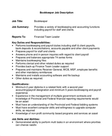 Free 8 Sample Bookkeeper Job Description Templates In Pdf Ms Word