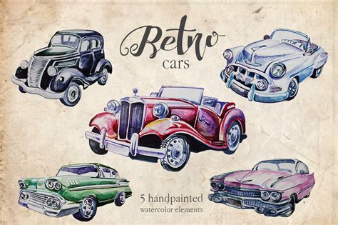 Watercolor Retro Cars Clipart Custom Designed Illustrations