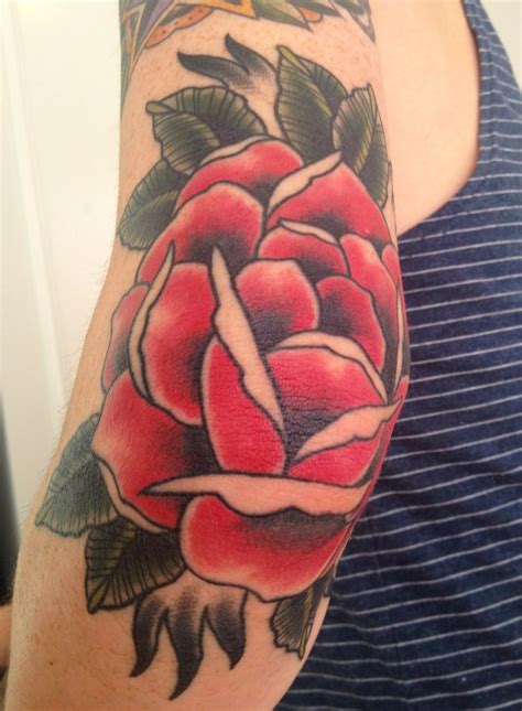 Latest Ink Rose Elbow Tattoo In Traditional Old School Style By Suzi