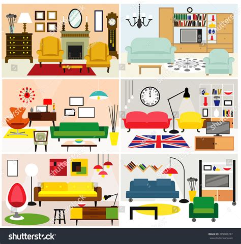Cartoon Living Rooms With Furniture Flat Style Vector
