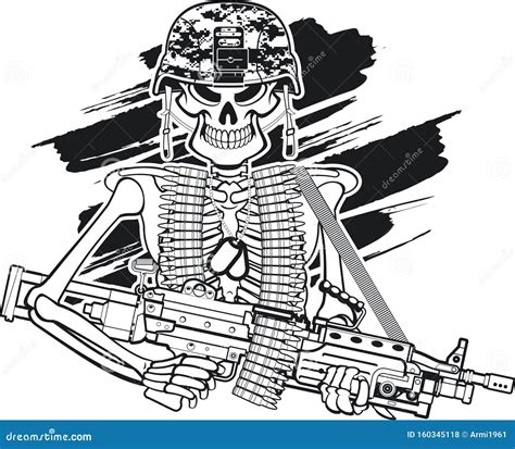 Human Skeleton With Army Helmet And M249 Machine Gun Stock Photography