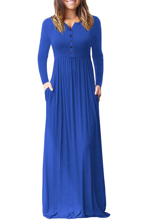Hot Royal Blue Long Sleeve Button Down Casual Maxi Dress