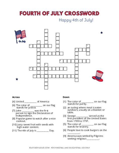 Fourth Of July Crossword 4th Of July Activities