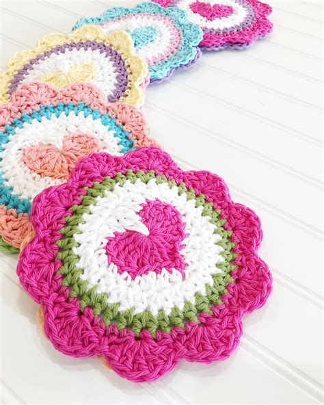 Crochet Heart Coasters Spring Pastel And Rainbow Coaster Mug Etsy