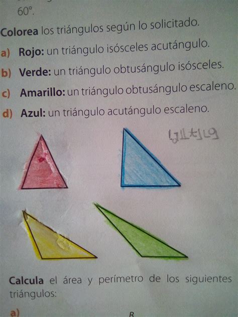 Colorea los triángulos según lo solicitado a Rojo Un triángulo isósceles acuntangulo Por