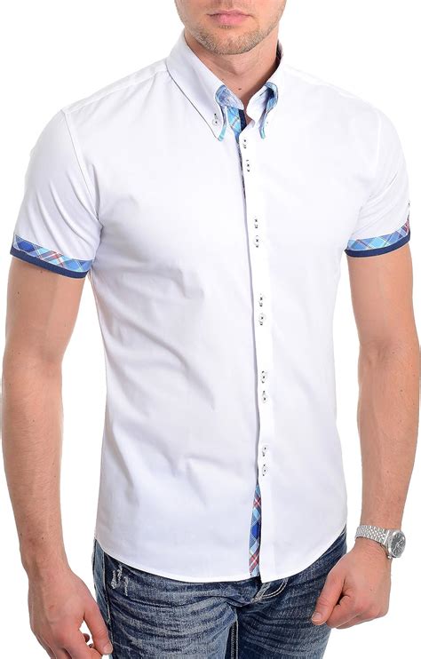 mens white short sleeve shirt italian design slim fit blue check cotton new uk amazon ca