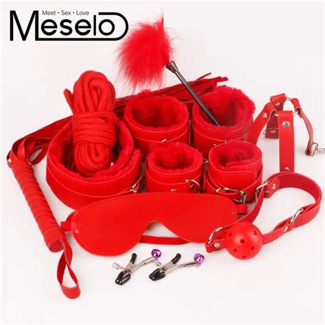 Meselo 10 Pcs Lot BDSM Handcuffs Kit Set PU Leather Adult Games Sex
