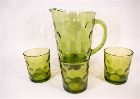Hazel Atlas Eldorado Green Glass Pitcher 3 Juice Glasses Etsy