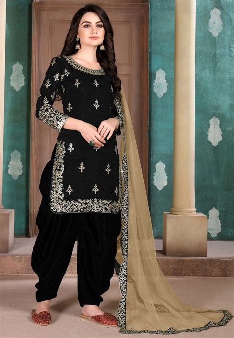 Embroidered Art Silk Punjabi Suit In Black Kch6033
