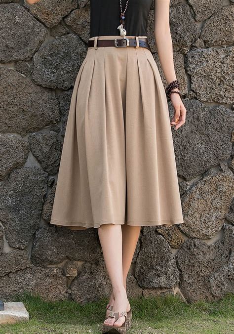 A Line Skirt Midi Linen Skirt Khaki Pleated Swing Skirt Etsy