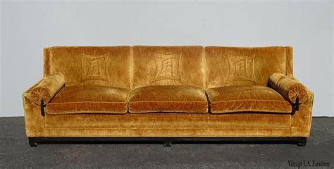 Vintage Mid Century Modern Chinoiserie Gold Velvet Ming Sofa W Asian