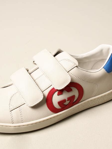 Gucci Ace Sneakers In Leather With Colored Heel Shoes Gucci Kids