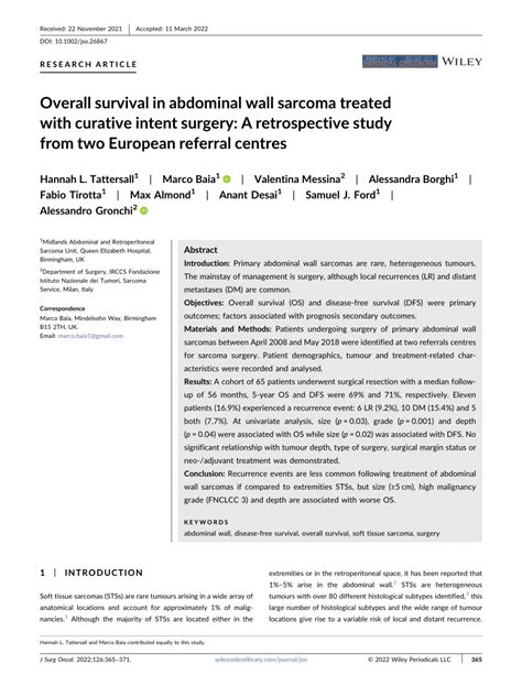 Pdf Overall Survival In Abdominal Wall Sarcoma Treated With Curative