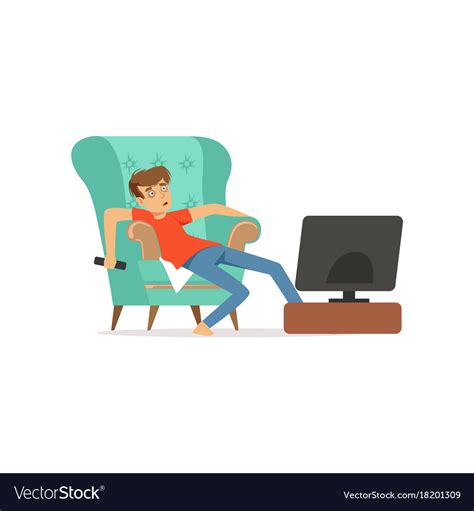 Young Man Sitting On Armchair Watching Tv Bad Vector Image