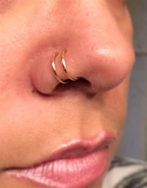 18g Double Hoop Nose Ring For Single Piercing Sterling 14k Etsy Fake Piercing Double Nose
