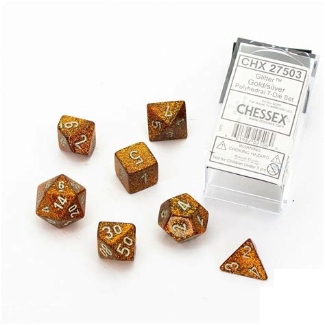 Polyhedral Glitter Set Of 7 Dice Gold With Silver Numbering Video