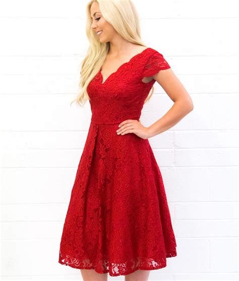 Jolie Moi Red Scalloped V Neck Cap Sleeve Lace Dress Alila