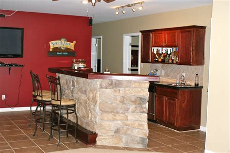 Red Wall And Stone Bar Counter Also Wood Bar Cabinet And Nice Tiles